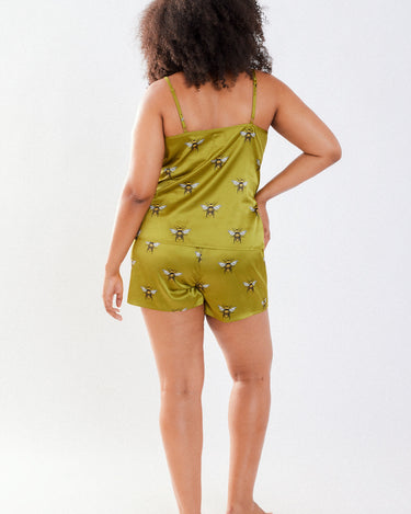 Curve Olive Bee Satin Cowl Neck Cami Short Pyjama Set